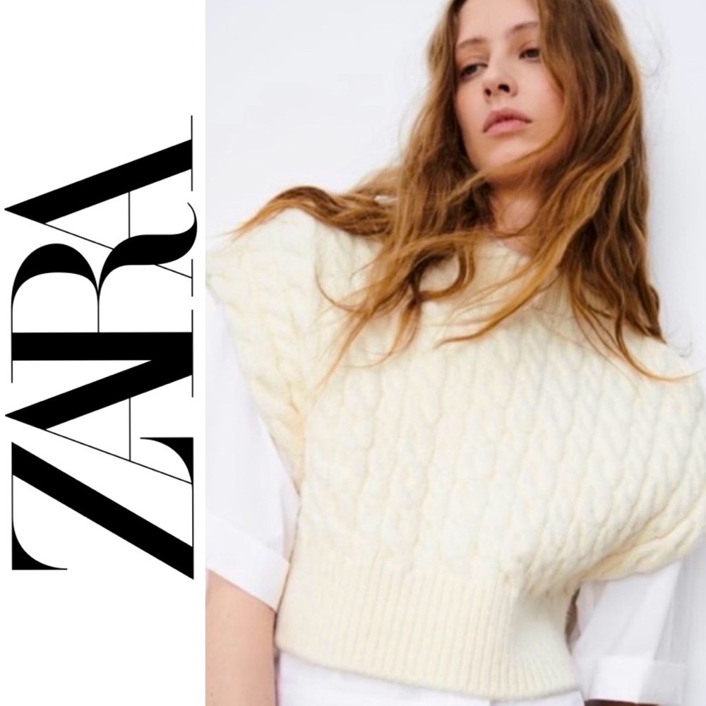 ZARA Ivory Cropped Cable Knit Chunky Sweater Vest Sz Lg EUC